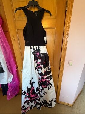 Xscape Black Bodice Floral Ball Gown with Pink and White Skirt